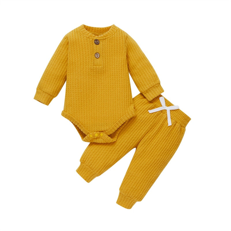 4 Colors Newborn Baby Knitted Warm 2Pcs Suit Toddler Girl Boy Long Sleeve Romper Tops Pants Fall Winter Homewear 2021