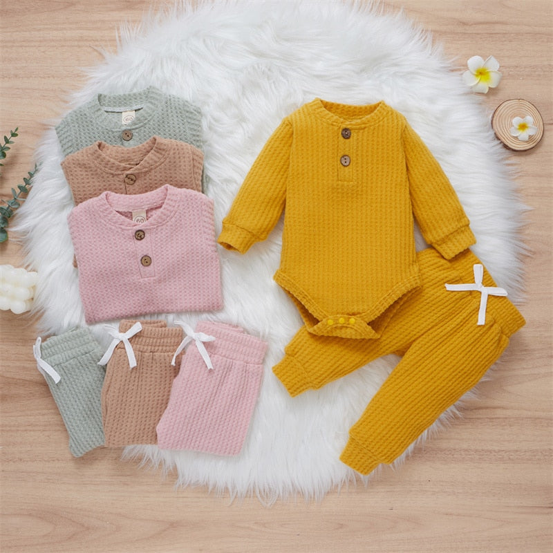 4 Colors Newborn Baby Knitted Warm 2Pcs Suit Toddler Girl Boy Long Sleeve Romper Tops Pants Fall Winter Homewear 2021