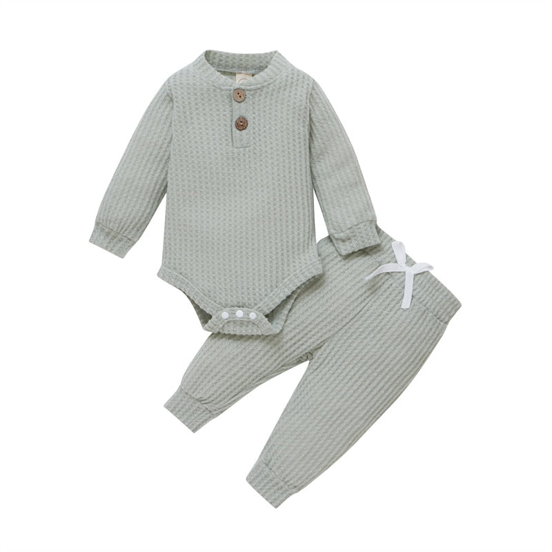 4 Colors Newborn Baby Knitted Warm 2Pcs Suit Toddler Girl Boy Long Sleeve Romper Tops Pants Fall Winter Homewear 2021