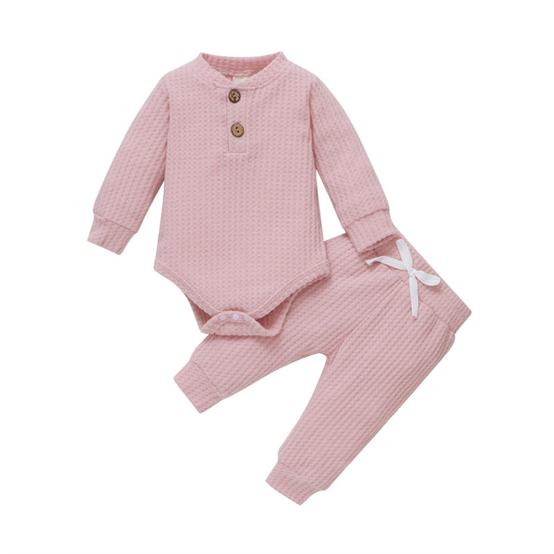 4 Colors Newborn Baby Knitted Warm 2Pcs Suit Toddler Girl Boy Long Sleeve Romper Tops Pants Fall Winter Homewear 2021