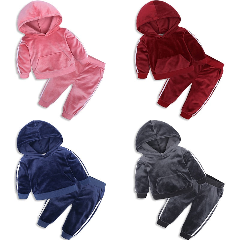 New Winter Children Clothing Baby Girls Clothes Set Velvet Solid Boys Clothes Hoodies Sweatshirt+Pants Tracksuit Suits For Kids