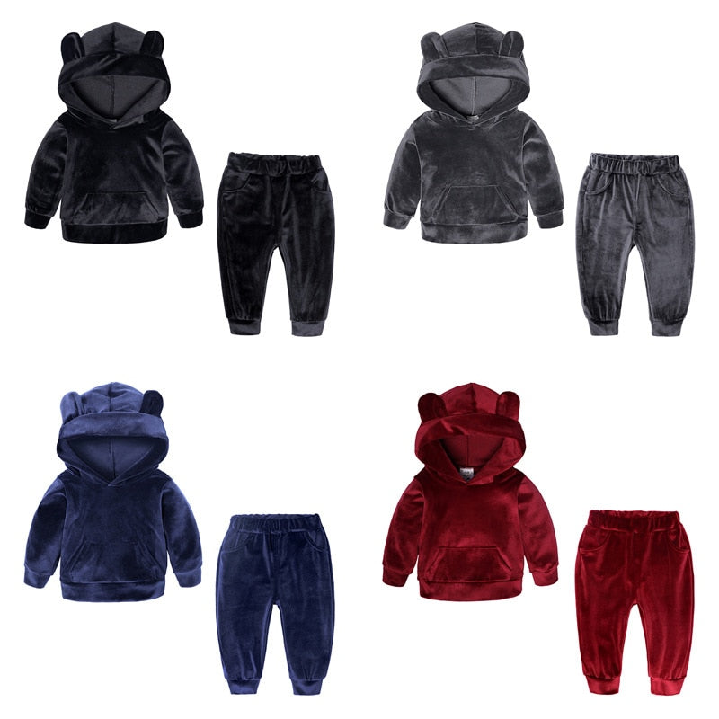 New Winter Children Clothing Baby Girls Clothes Set Velvet Solid Boys Clothes Hoodies Sweatshirt+Pants Tracksuit Suits For Kids