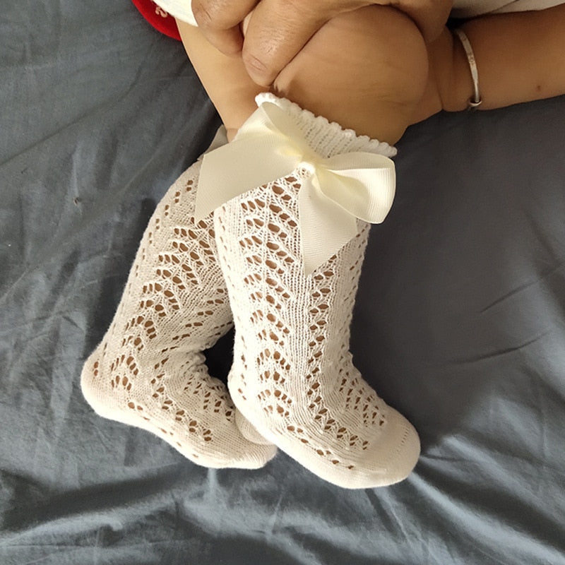 Children Girls Royal Style Bow Knee High Fishnet Socks.Baby Toddler Bowknot In Tube Socks.Kid Hollow Out Sock Sox 0-4Y