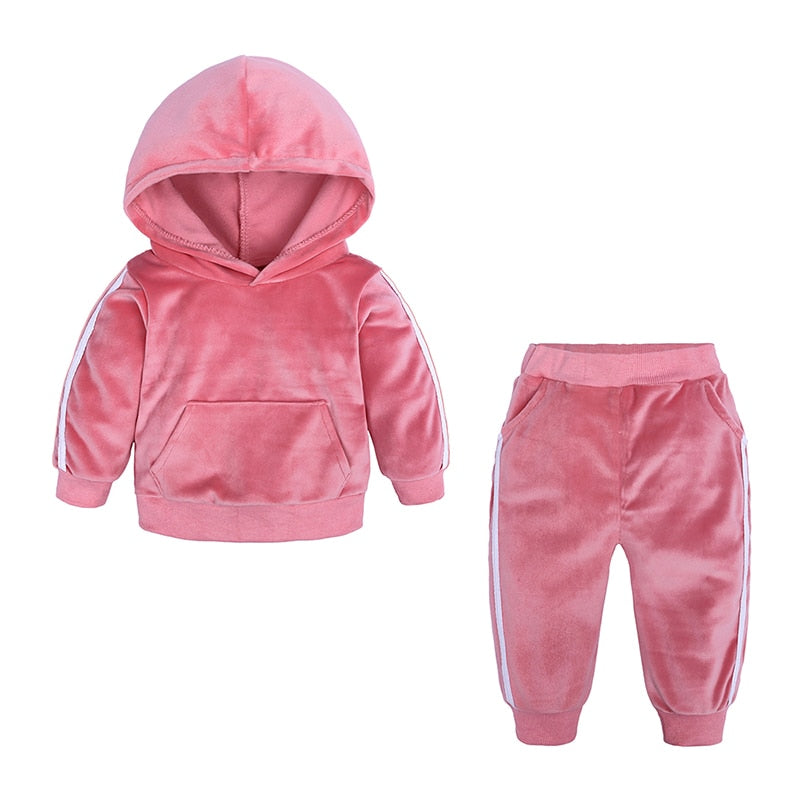 New Winter Children Clothing Baby Girls Clothes Set Velvet Solid Boys Clothes Hoodies Sweatshirt+Pants Tracksuit Suits For Kids