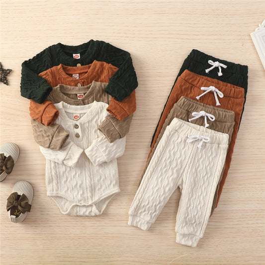 4 Colors Newborn Baby Knitted Warm 2Pcs Suit Toddler Girl Boy Long Sleeve Romper Tops Pants Fall Winter Homewear 2021