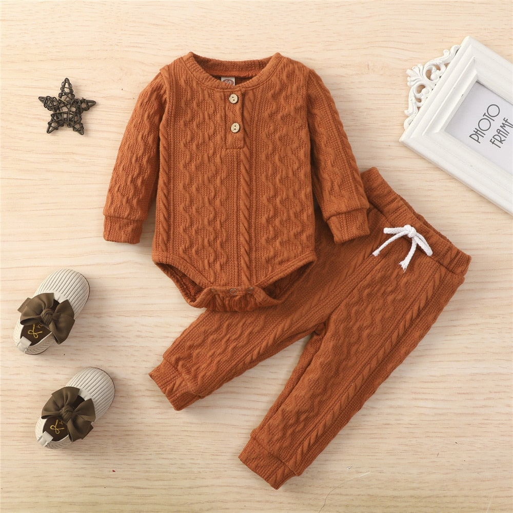 4 Colors Newborn Baby Knitted Warm 2Pcs Suit Toddler Girl Boy Long Sleeve Romper Tops Pants Fall Winter Homewear 2021