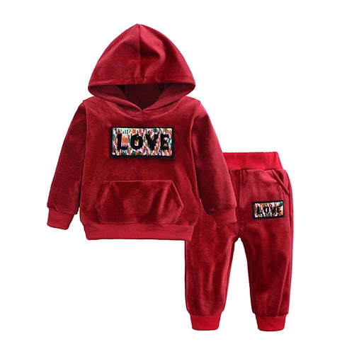 New Winter Children Clothing Baby Girls Clothes Set Velvet Solid Boys Clothes Hoodies Sweatshirt+Pants Tracksuit Suits For Kids