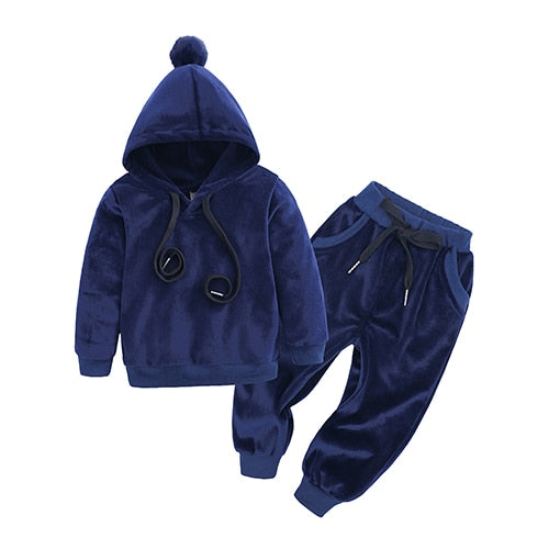 New Winter Children Clothing Baby Girls Clothes Set Velvet Solid Boys Clothes Hoodies Sweatshirt+Pants Tracksuit Suits For Kids