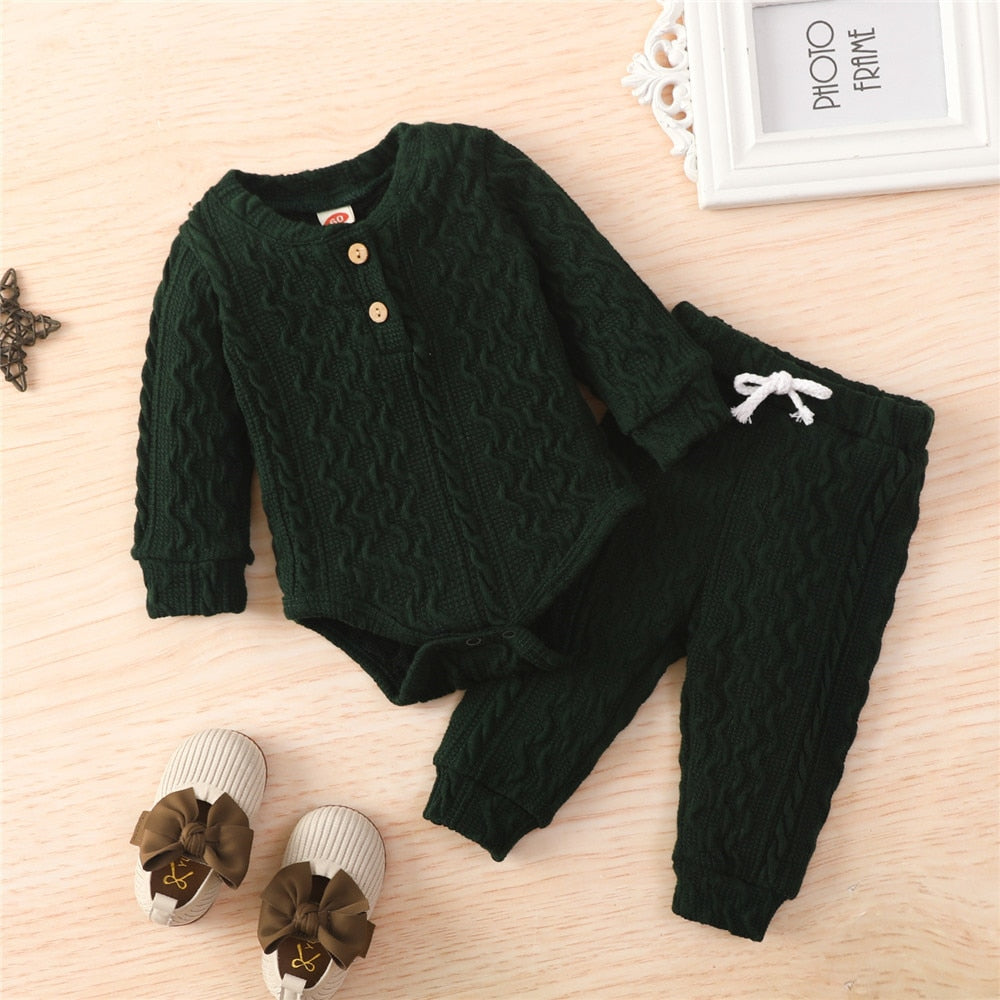 4 Colors Newborn Baby Knitted Warm 2Pcs Suit Toddler Girl Boy Long Sleeve Romper Tops Pants Fall Winter Homewear 2021