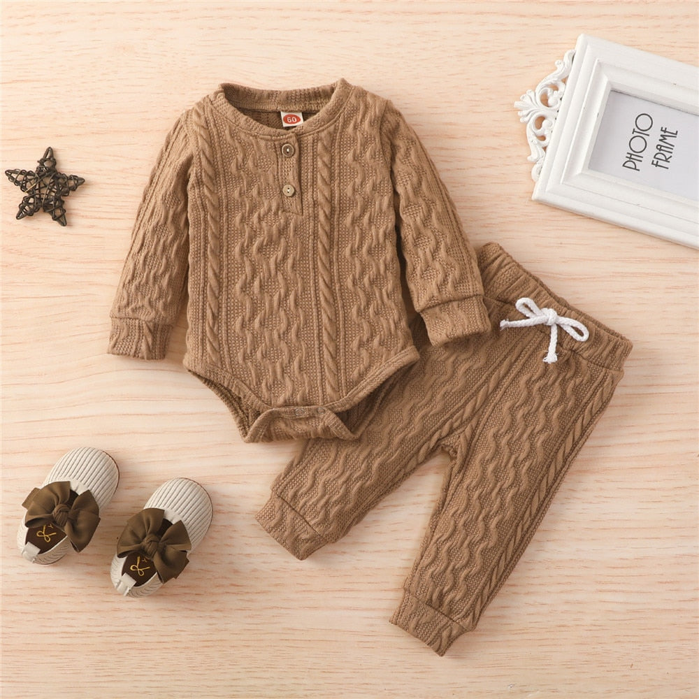 4 Colors Newborn Baby Knitted Warm 2Pcs Suit Toddler Girl Boy Long Sleeve Romper Tops Pants Fall Winter Homewear 2021