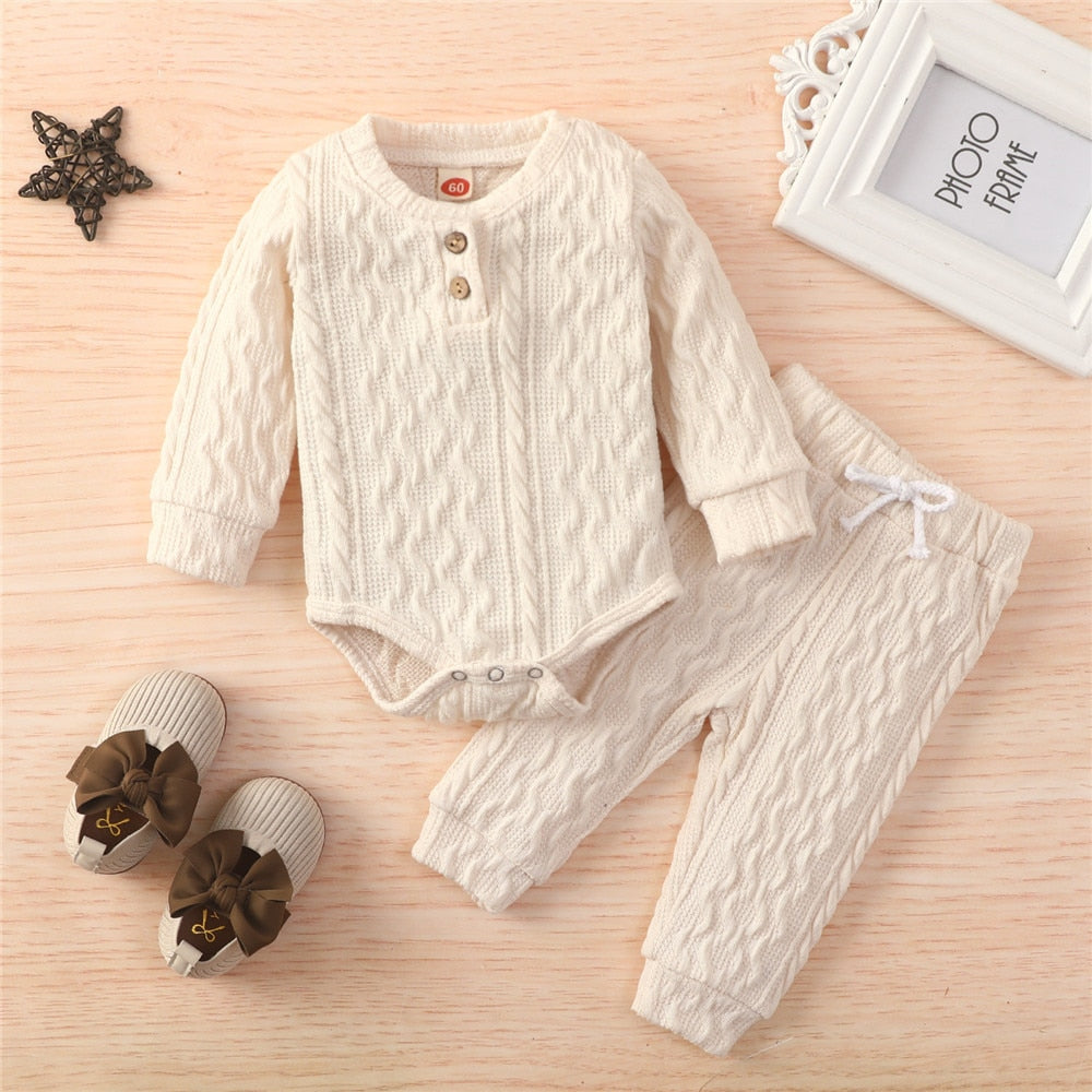 4 Colors Newborn Baby Knitted Warm 2Pcs Suit Toddler Girl Boy Long Sleeve Romper Tops Pants Fall Winter Homewear 2021