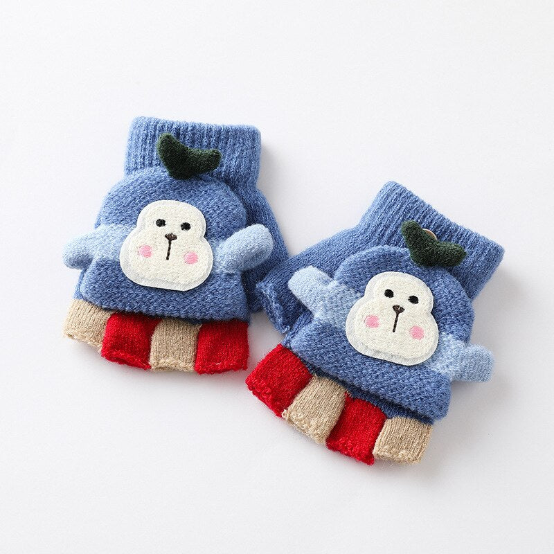 Cute Monkey Warm Soft Knitted Mittens Girls Boys Indoor and Outdoor Gloves 1-4 Years Old Children Winter Fingerless Gloves Kids