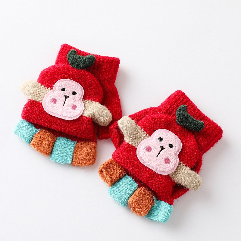 Cute Monkey Warm Soft Knitted Mittens Girls Boys Indoor and Outdoor Gloves 1-4 Years Old Children Winter Fingerless Gloves Kids