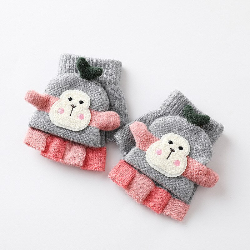 Cute Monkey Warm Soft Knitted Mittens Girls Boys Indoor and Outdoor Gloves 1-4 Years Old Children Winter Fingerless Gloves Kids