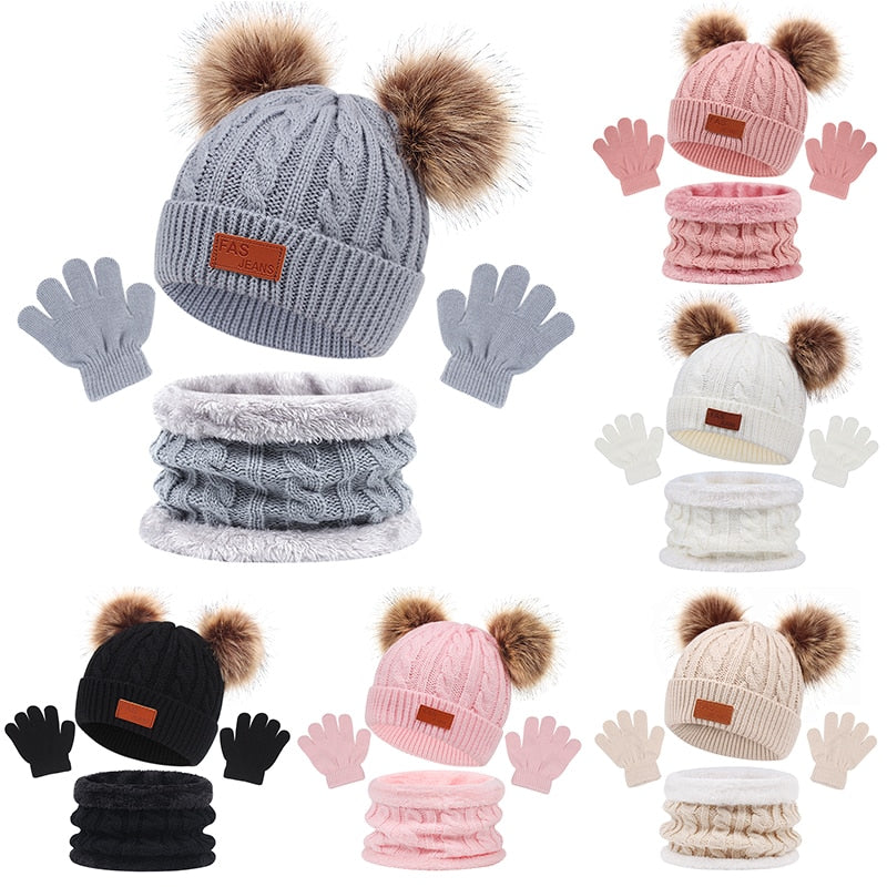 3PCS Baby Hat with Scarf Winter Knitted Cotton Toddler Cap for Kids Boy Girl Infant Hairball Bonnet Scarf Set Warm Accessories