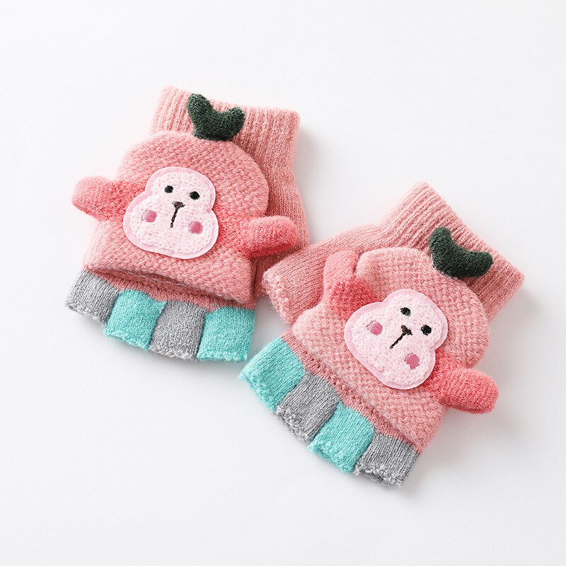 Cute Monkey Warm Soft Knitted Mittens Girls Boys Indoor and Outdoor Gloves 1-4 Years Old Children Winter Fingerless Gloves Kids