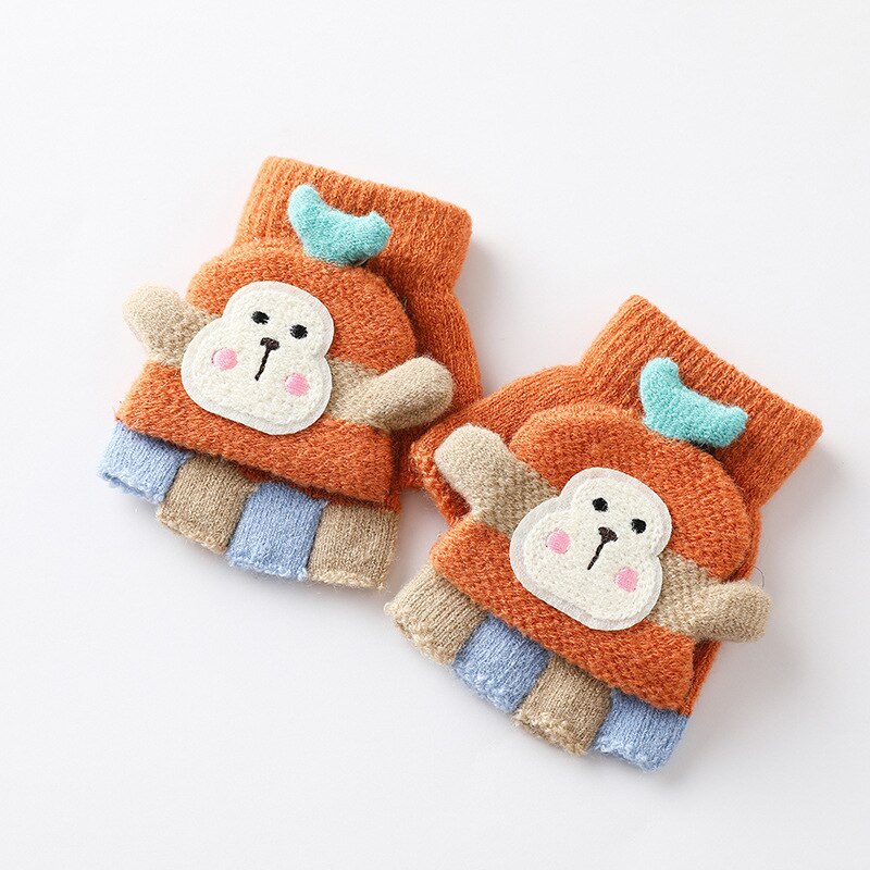 Cute Monkey Warm Soft Knitted Mittens Girls Boys Indoor and Outdoor Gloves 1-4 Years Old Children Winter Fingerless Gloves Kids