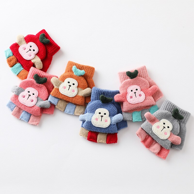 Cute Monkey Warm Soft Knitted Mittens Girls Boys Indoor and Outdoor Gloves 1-4 Years Old Children Winter Fingerless Gloves Kids