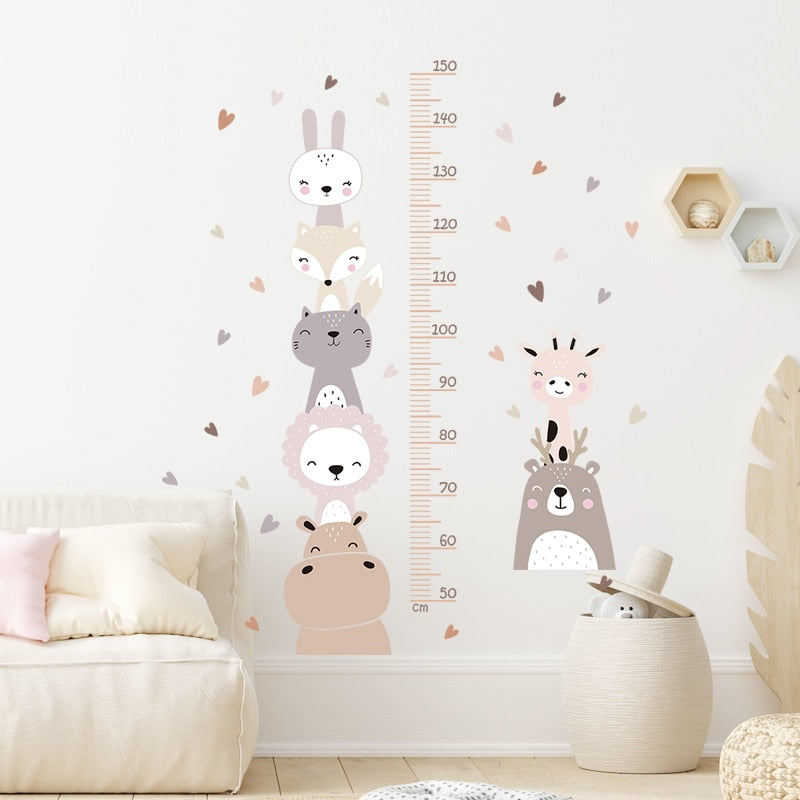 Boho Color Style Smile Animals Bear Lion Hearts Height Measurement Ruller Wall Stickers for Kids Room Baby Nursery Wall Decals